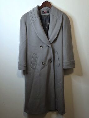 Vintage Alorna Gray Long Wool Coat Shawl Collar Made In USA Size Petite Large